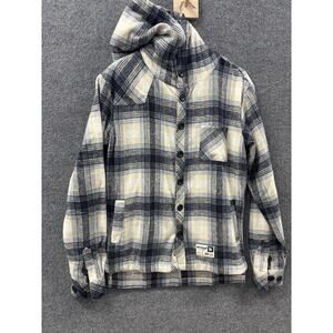 YOUNGLA Flannel Hooded Shirt Black Cream Plaid Men’s Size Medium